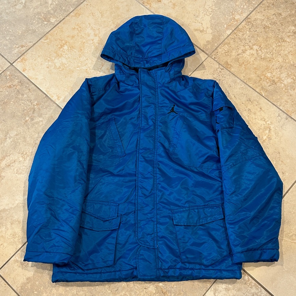 Jordan Jumpman Puffer Parka Jacket Men XL Blue Hooded Nylon Full Zip Coat Winter